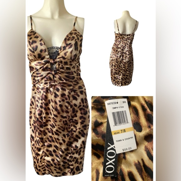 XOXO Ladies Leopard Print Spaghetti Strap Bodycon Dress Size 7/8 NWT - Picture 1 of 16